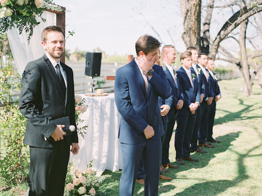 Groom Crying, Groom Reaction, Ceremony, Outdoor Ceremony, Spring Brunch Wedding at The Farm at South Mountain, Fine Art Wedding Inspiration, Spring Wedding Inspiration, Brunch Wedding, Ball Photo Co, Fine Art Wedding, Film Wedding Photography, Fine Art Film, The Farm at South Mountain, Phoenix Wedding Venues, Blush Ivory Green Wedding Palette, Morning Wedding, Phoenix Wedding Photographer, Arizona Wedding Photographer