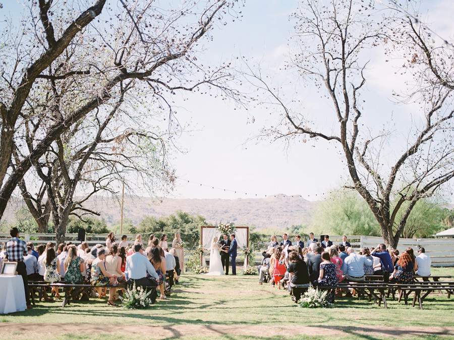 Outdoor Ceremony, Bench Ceremony Seats, Spring Brunch Wedding at The Farm at South Mountain, Fine Art Wedding Inspiration, Spring Wedding Inspiration, Brunch Wedding, Ball Photo Co, Fine Art Wedding, Film Wedding Photography, Fine Art Film, The Farm at South Mountain, Phoenix Wedding Venues, Blush Ivory Green Wedding Palette, Morning Wedding, Phoenix Wedding Photographer, Arizona Wedding Photographer