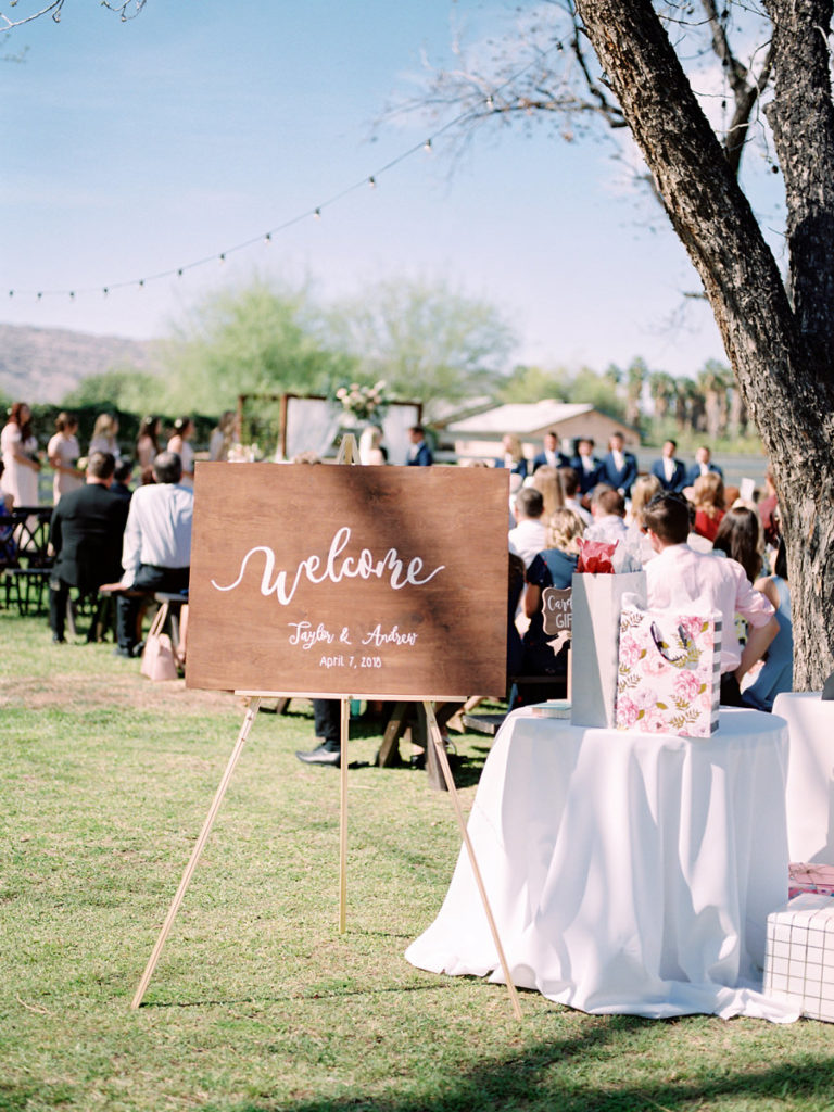 Wedding Sign, Welcome Sign, Hand Lettered Sign, Gift Table, Spring Brunch Wedding at The Farm at South Mountain, Fine Art Wedding Inspiration, Spring Wedding Inspiration, Brunch Wedding, Ball Photo Co, Fine Art Wedding, Film Wedding Photography, Fine Art Film, The Farm at South Mountain, Phoenix Wedding Venues, Blush Ivory Green Wedding Palette, Morning Wedding, Phoenix Wedding Photographer, Arizona Wedding Photographer