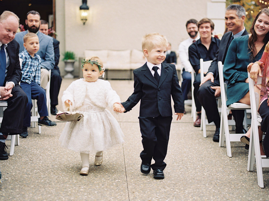 Flower girl, Ring bearer, Ceremony, Rainy Wedding Day, Silver Oaks Chateau Wedding, St Louis Wedding Photographer, Missouri Wedding Photographer, Film Wedding Photography, Fine Art Wedding, Destination Wedding Photographer, Ball Photo Co, Fall Wedding Inspiration, Castle Wedding Venue, Midwest Wedding, Old World Wedding Inspiration, Pentax 645N, Portra 800, Organic Berry Wedding, Berry tone color palette, Burgundy Forest Green Wedding