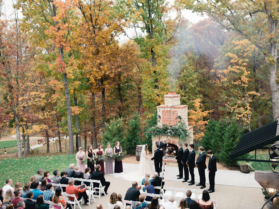 Wide ceremony, Fall colors, Ceremony Fireplace, Outdoor ceremony, Rainy Wedding Day, Silver Oaks Chateau Wedding, St Louis Wedding Photographer, Missouri Wedding Photographer, Film Wedding Photography, Fine Art Wedding, Destination Wedding Photographer, Ball Photo Co, Fall Wedding Inspiration, Castle Wedding Venue, Midwest Wedding, Old World Wedding Inspiration, Pentax 645N, Portra 800, Organic Berry Wedding, Berry tone color palette, Burgundy Forest Green Wedding