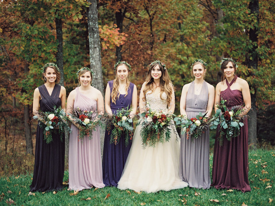 Bridesmaid poses, Purple mismatched bridesmaid dresses, olive branch flower crowns, fine art bouquets, Rainy Wedding Day, Silver Oaks Chateau Wedding, St Louis Wedding Photographer, Missouri Wedding Photographer, Film Wedding Photography, Fine Art Wedding, Destination Wedding Photographer, Ball Photo Co, Fall Wedding Inspiration, Castle Wedding Venue, Midwest Wedding, Old World Wedding Inspiration, Pentax 645N, Portra 800, Organic Berry Wedding, Berry tone color palette, Burgundy Forest Green Wedding