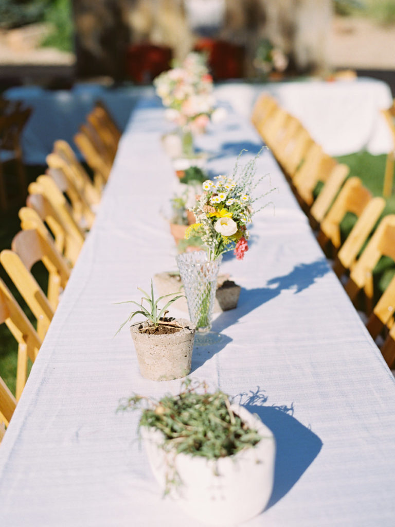 Potted plant table centerpiece, long table wedding place settings, fine art tabletops, Sustainable wedding, Sunny wedding day, Colorful wedding palette, Film bridal portraits, Film Wedding Photography, Wildflower Inspired Summer Wedding, Nampa Idaho Backyard Wedding, Fine Art Boho Wedding, Wildflower Bohemian Wedding, Boise Wedding Photographer, Idaho Wedding Photographers, Pink Yellow Purple Wedding, Ball Photo Co
