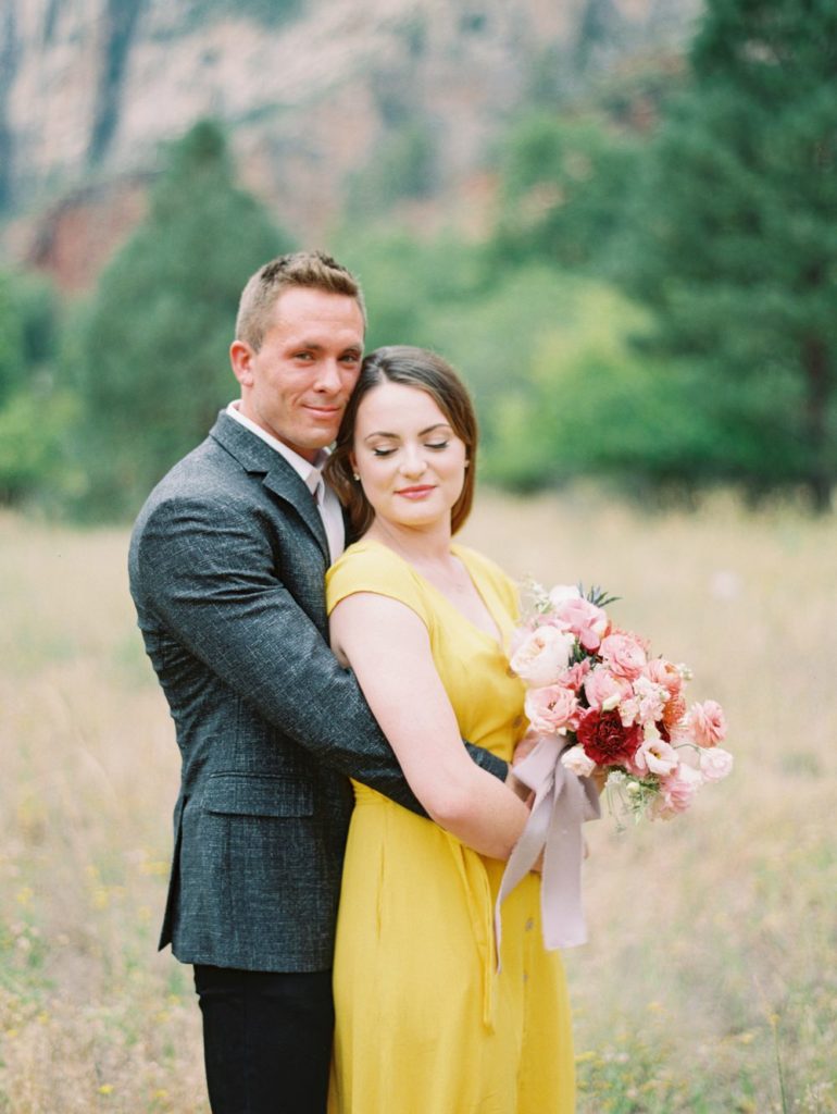 Engagement Session Bouquet, Peachy Summer Bouquet, Garden Roses, Ranunculus, Lisianthus, Carnations, Thistle, Sedona West Fork Trail Engagement Session, Sedona Mountain Engagement, Rainy Fall Engagement Session Inspiration, Light Brown Hair Styles, Yellow Engagement Dress, Engagement Outfit Inspiration, Mountain Hiking Trail Engagement Session, Ball Photo Co, Yellow Nordstrom Sun Dress, Film Engagement Session, Photos on Film, Wedding Photography on Film, Fine Art Film, Fine Art Engagement Session, Fine Art Bride & Groom